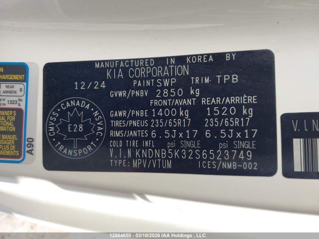 12564650 :رقم المزاد ، KNDNB5K32S6523749 vin ، 2025 Kia Carnival Lx/lxs مزاد بيع