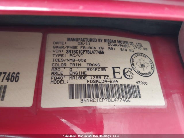 Aukcja sprzedaży 2011 Nissan Versa S/sl, vin: 3N1BC1CP7BL477466, numer aukcji: 12564653