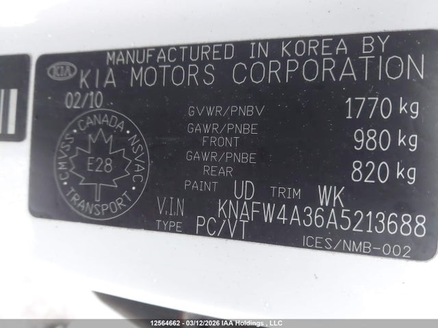 12564662 :رقم المزاد ، KNAFW4A36A5213688 vin ، 2010 Kia Forte Sx مزاد بيع
