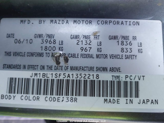 Aukcja sprzedaży 2010 Mazda Mazda3 Gs/gx, vin: JM1BL1SF5A1352218, numer aukcji: 12564664