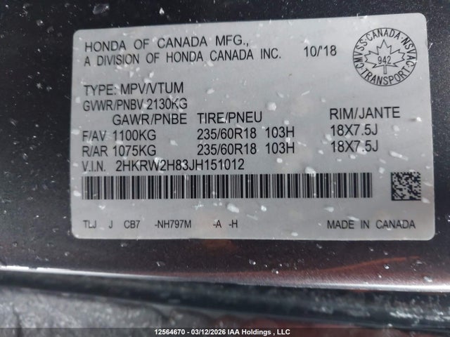 Продаж на аукціоні авто 2018 Honda Cr-v Ex-l, vin: 2HKRW2H83JH151012, номер лоту: 12564670