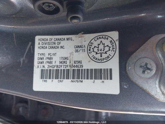 Продаж на аукціоні авто 2015 Honda Civic Se, vin: 2HGFB2F72FH044639, номер лоту: 12564678