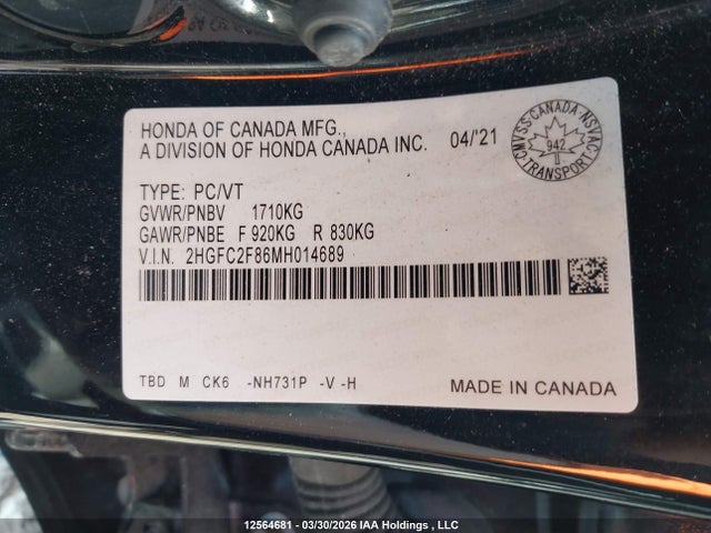 Aukcja sprzedaży 2021 Honda Civic, vin: 2HGFC2F86MH014689, numer aukcji: 12564681
