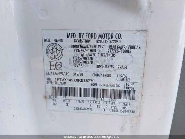 2008 Ford F-150 Xl/xlt მანქანა იყიდება აუქციონზე, vin: 1FTVX145X8KE86779, აუქციონის ნომერი: 12564686