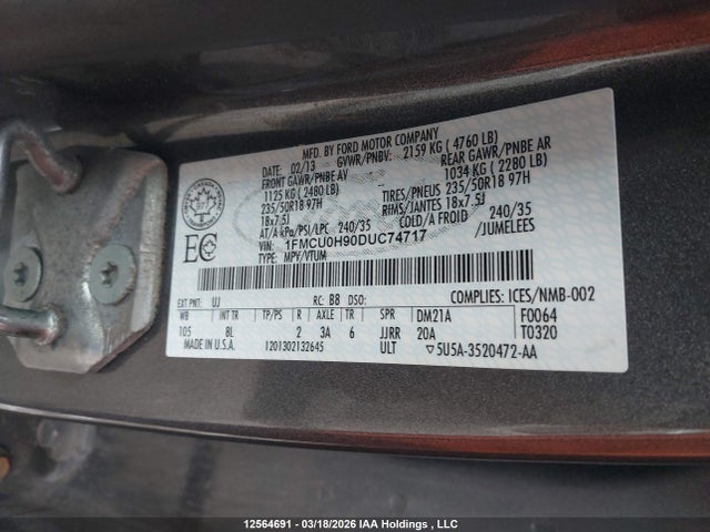 Aukcja sprzedaży 2013 Ford Escape, vin: 1FMCU0H90DUC74717, numer aukcji: 12564691