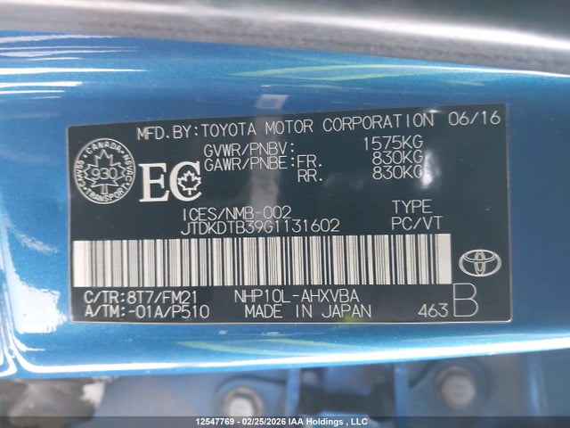 JTDKDTB39G1131602 Toyota Prius C Technology