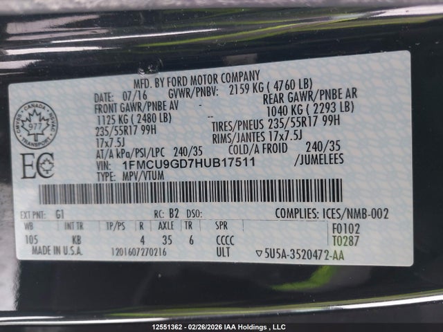 1FMCU9GD7HUB17511 Ford ESCAPE SE