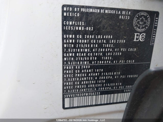 12564701 :رقم المزاد ، 3VVVX7B20PM358233 vin ، 2023 Volkswagen Taos Comfortline مزاد بيع