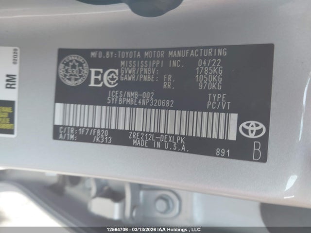 12564706 :رقم المزاد ، 5YFBPMBE4NP320682 vin ، 2022 Toyota Corolla Le/xle مزاد بيع