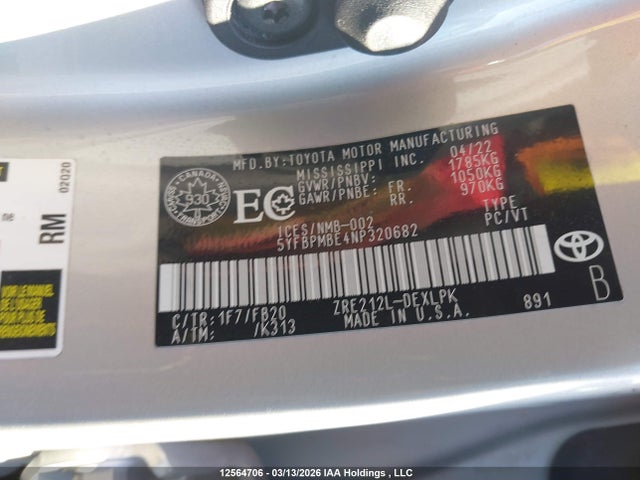 12564706 :رقم المزاد ، 5YFBPMBE4NP320682 vin ، 2022 Toyota Corolla Le/xle مزاد بيع