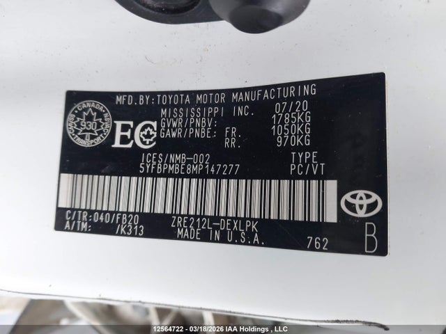 12564722 :رقم المزاد ، 5YFBPMBE8MP147277 vin ، 2021 Toyota Corolla Le مزاد بيع
