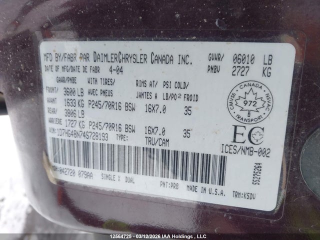 Aukcja sprzedaży 2004 Dodge Dakota Quad Slt, vin: 1D7HG48N74S728193, numer aukcji: 12564725