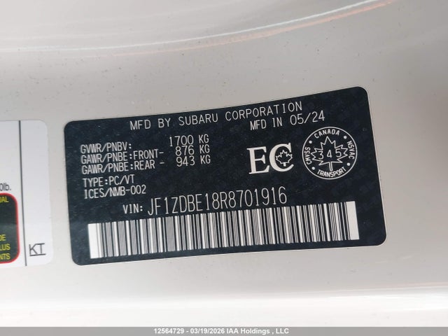 Aukcja sprzedaży 2024 Subaru Brz, vin: JF1ZDBE18R8701916, numer aukcji: 12564729