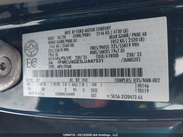 12564732 :رقم المزاد ، 1FMCU9DZ3LUA87531 vin ، 2020 Ford Escape Titanium مزاد بيع