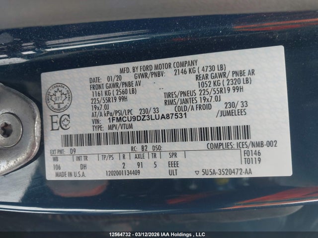 12564732 :رقم المزاد ، 1FMCU9DZ3LUA87531 vin ، 2020 Ford Escape Titanium مزاد بيع