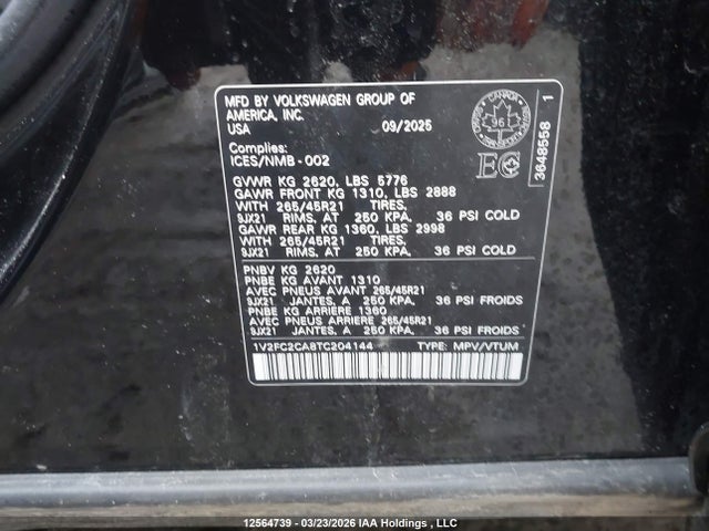 12564739 :رقم المزاد ، 1V2FC2CA8TC204144 vin ، 2026 Volkswagen Atlas Cross Sport Execline 4motion مزاد بيع