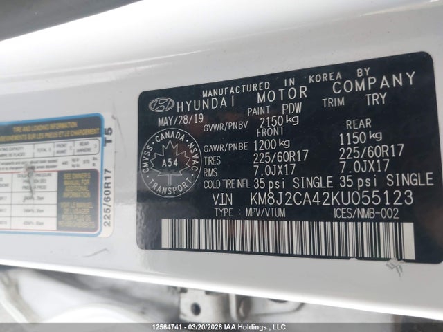 Aukcja sprzedaży 2019 Hyundai Tucson Essential W/safety Package, vin: KM8J2CA42KU055123, numer aukcji: 12564741