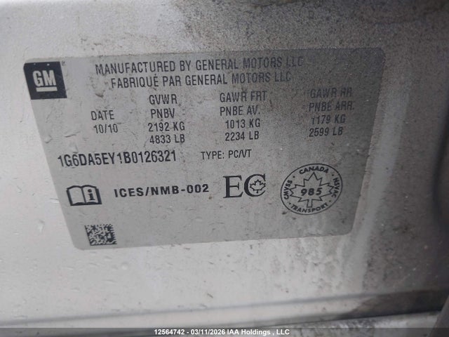 12564742 :رقم المزاد ، 1G6DA5EY1B0126321 vin ، 2011 Cadillac Cts مزاد بيع