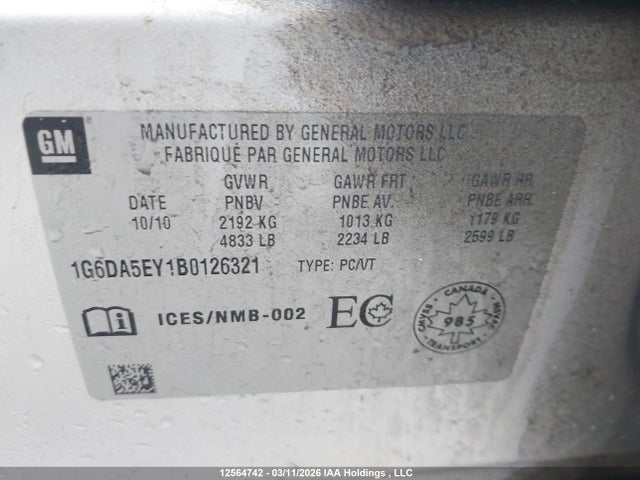 12564742 :رقم المزاد ، 1G6DA5EY1B0126321 vin ، 2011 Cadillac Cts مزاد بيع