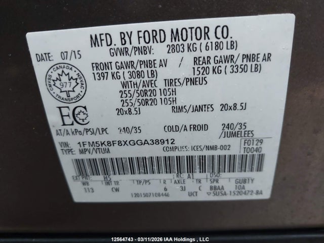 1FM5K8F8XGGA38912 Ford Explorer Limited
