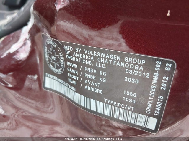 2012 Volkswagen Passat 2.5l Highline მანქანა იყიდება აუქციონზე, vin: 1VWCH7A36CC071453, აუქციონის ნომერი: 12564761