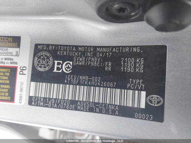 12564765 :رقم المزاد ، 4T1BF1FK4HU426067 vin ، 2017 Toyota Camry Le/xle/se/xse مزاد بيع