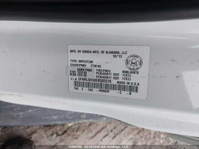 12564768 :رقم المزاد ، 5FNRL5H30EB505376 vin ، 2014 Honda Odyssey Se مزاد بيع