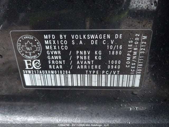 3VW217AUXHM018284 Volkswagen Golf S/wolfsburg/se/sel