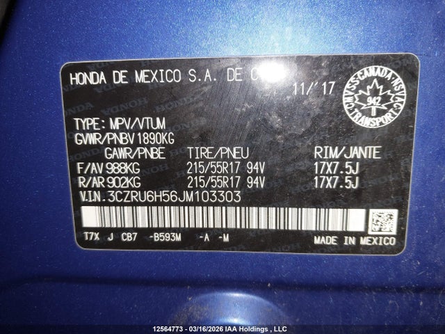 3CZRU6H56JM103303 Honda HR-V EX