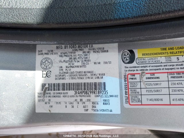 12564774 :رقم المزاد ، 3FAHP08Z99R189235 vin ، 2009 Ford Fusion Sel مزاد بيع