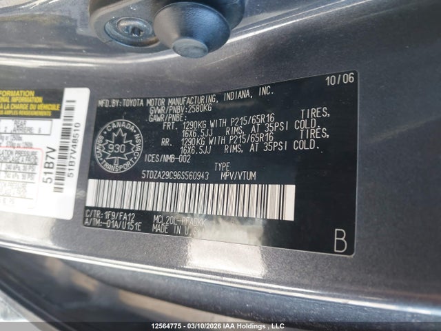 12564775 :رقم المزاد ، 5TDZA29C96S560943 vin ، 2006 Toyota Sienna Ce 7 Passenger/ce 8 Passenger مزاد بيع