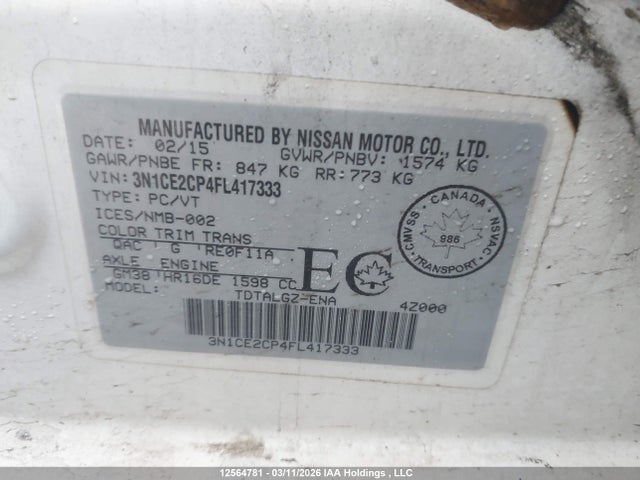 Aukcja sprzedaży 2015 Nissan Versa Note 1.6 S/1.6 Sl/1.6 Sr/1.6 Sv, vin: 3N1CE2CP4FL417333, numer aukcji: 12564781