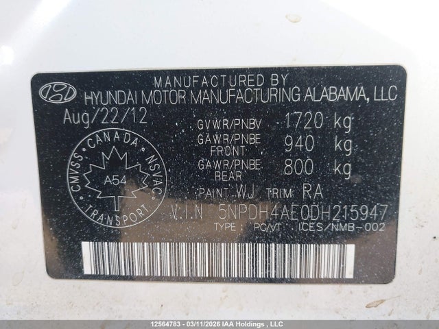 2013 Hyundai Elantra Gl მანქანა იყიდება აუქციონზე, vin: 5NPDH4AE0DH215947, აუქციონის ნომერი: 12564783