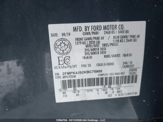 Продажа на аукционе авто 2019 Ford Edge Sel, vin: 2FMPK4J92KBC75900, номер лота: 12564784