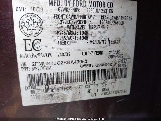 Продаж на аукціоні авто 2011 Ford Edge Sel, vin: 2FMDK4JC2BBA43960, номер лоту: 12564785