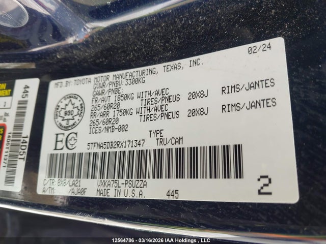 2024 Toyota Tundra Platinum 4x4 მანქანა იყიდება აუქციონზე, vin: 5TFNA5DB2RX171347, აუქციონის ნომერი: 12564786