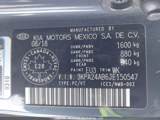 3KPA24AB6JE150547 KIA Rio Lx/lx+