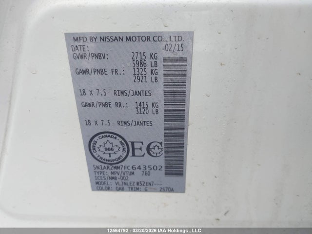 Продажа на аукционе авто 2015 Nissan Pathfinder Platinum/s/sl/sv, vin: 5N1AR2MM7FC643502, номер лота: 12564792