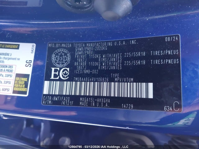 Aukcja sprzedaży 2024 Toyota Corolla Cross Le, vin: 7MUBAABG4RV106926, numer aukcji: 12564795