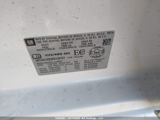 Aukcja sprzedaży 2015 Gmc Sierra 1500 Slt, vin: 3GTU2VEC9FG128737, numer aukcji: 12564801