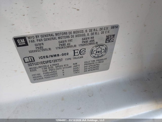 Aukcja sprzedaży 2015 Gmc Sierra 1500 Slt, vin: 3GTU2VEC9FG128737, numer aukcji: 12564801