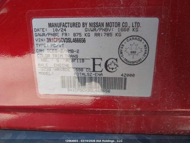 Aukcja sprzedaży 2025 Nissan Kicks Play Sv, vin: 3N1CP5CV3SL466656, numer aukcji: 12564803