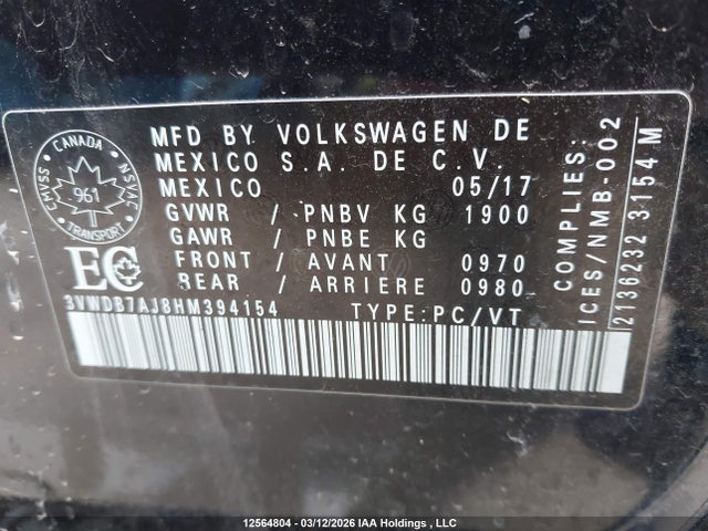12564804 :رقم المزاد ، 3VWDB7AJ8HM394154 vin ، 2017 Volkswagen Jetta مزاد بيع