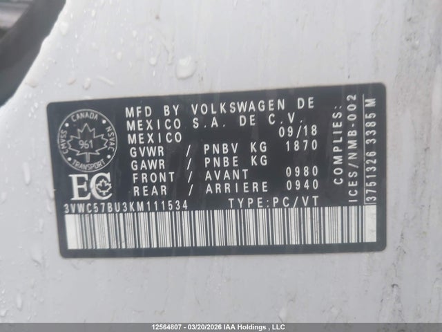 Aukcja sprzedaży 2019 Volkswagen Jetta 1.4 Tsi Comfortline, vin: 3VWC57BU3KM111534, numer aukcji: 12564807