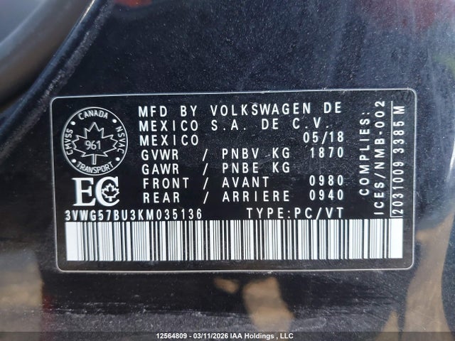 12564809 :رقم المزاد ، 3VWG57BU3KM035136 vin ، 2019 Volkswagen Jetta مزاد بيع