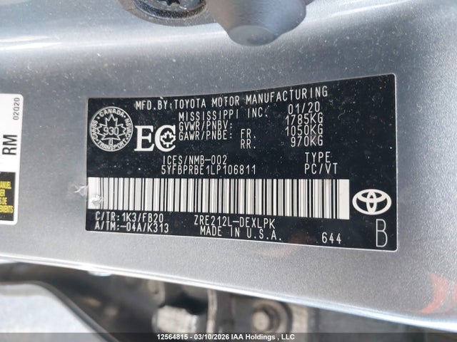 2020 Toyota Corolla Le მანქანა იყიდება აუქციონზე, vin: 5YFBPRBE1LP106811, აუქციონის ნომერი: 12564815