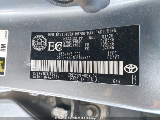 2020 Toyota Corolla Le მანქანა იყიდება აუქციონზე, vin: 5YFBPRBE1LP106811, აუქციონის ნომერი: 12564815