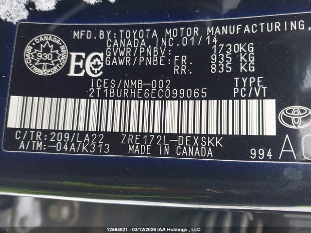 2014 Toyota Corolla L/le/le Pls/prm/s/s Pls მანქანა იყიდება აუქციონზე, vin: 2T1BURHE6EC099065, აუქციონის ნომერი: 12564821