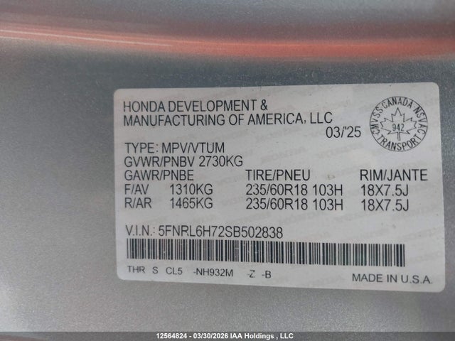 Honda Odyssey 2025 5FNRL6H72SB502838 Image 9