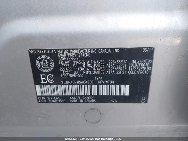 12564838 :رقم المزاد ، 2T3DK4DV4BW054960 vin ، 2011 Toyota Rav4 مزاد بيع